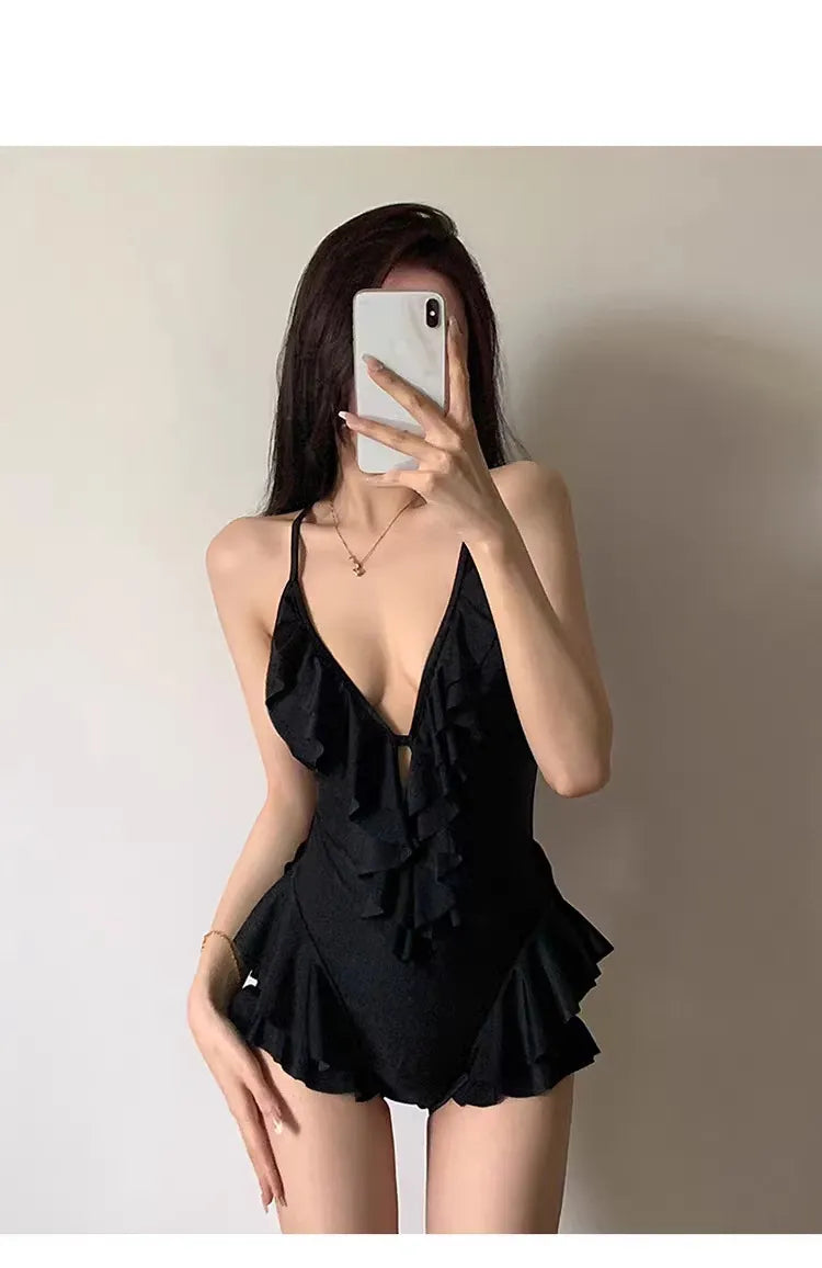 Black Deep V Ruffle One-Piece Swimsuit