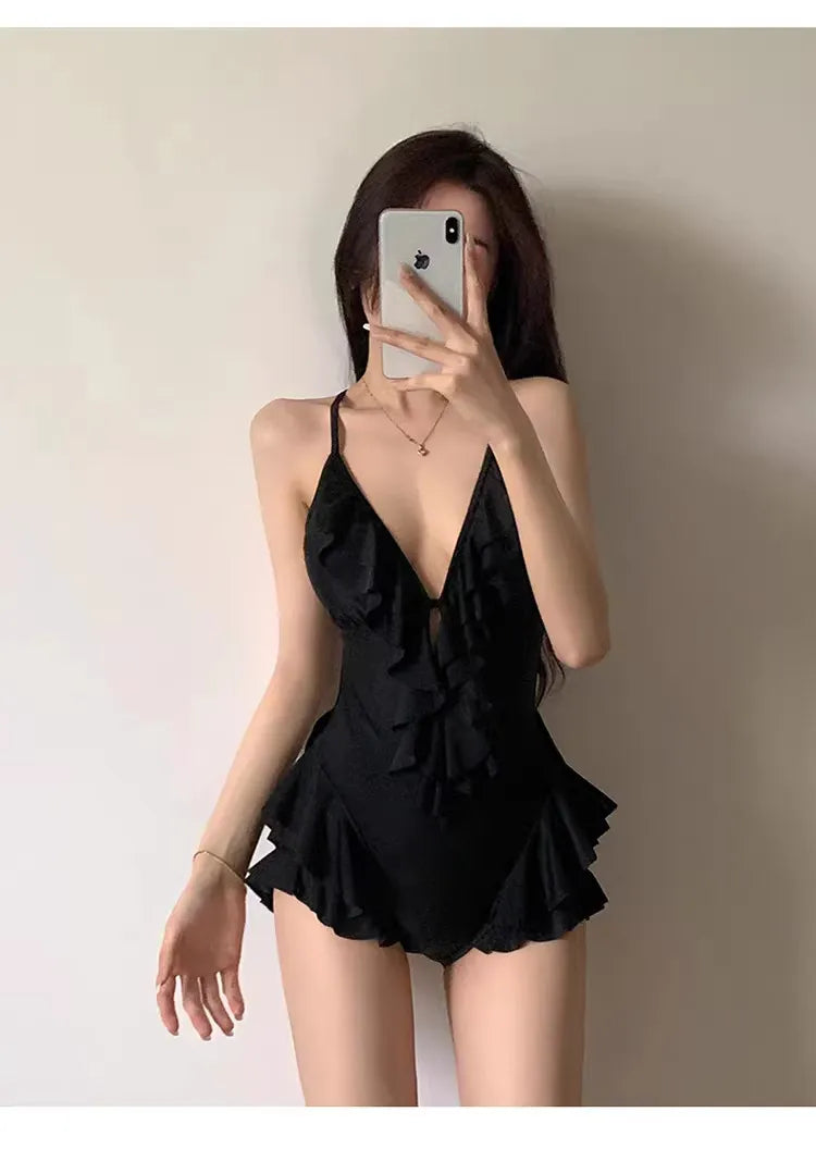 Black Deep V Ruffle One-Piece Swimsuit