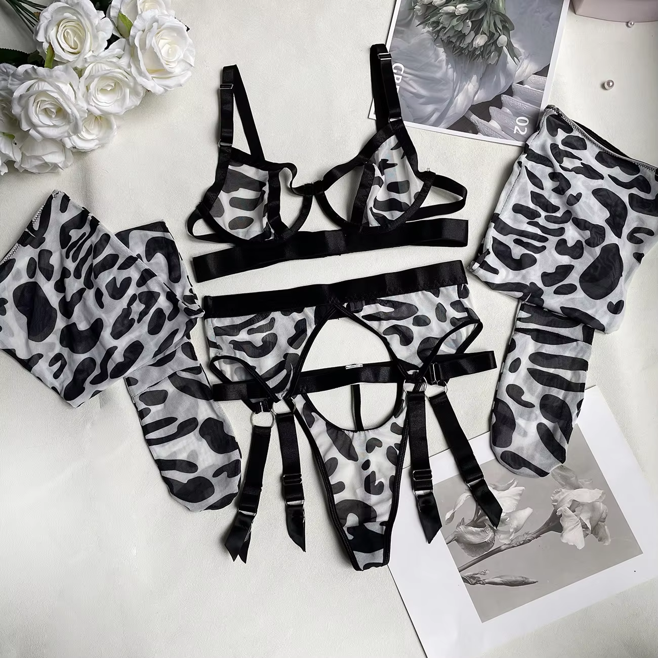 4-Piece Sexy Lingerie With Garter Belt Body Stockings