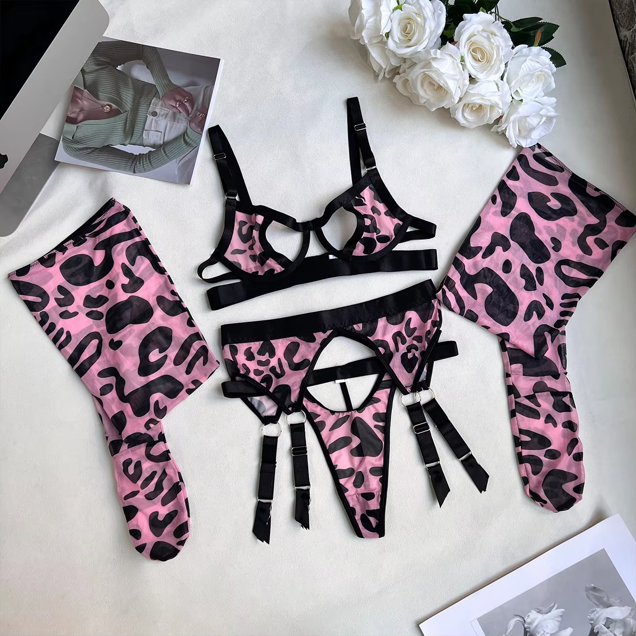 4-Piece Sexy Lingerie With Garter Belt Body Stockings