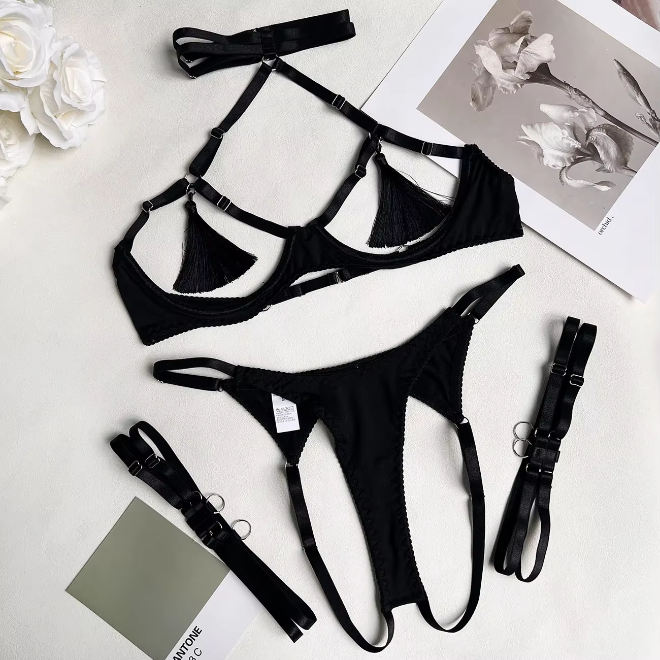 Hollow Out Breasts Thong Open Garter 4-Piece Set