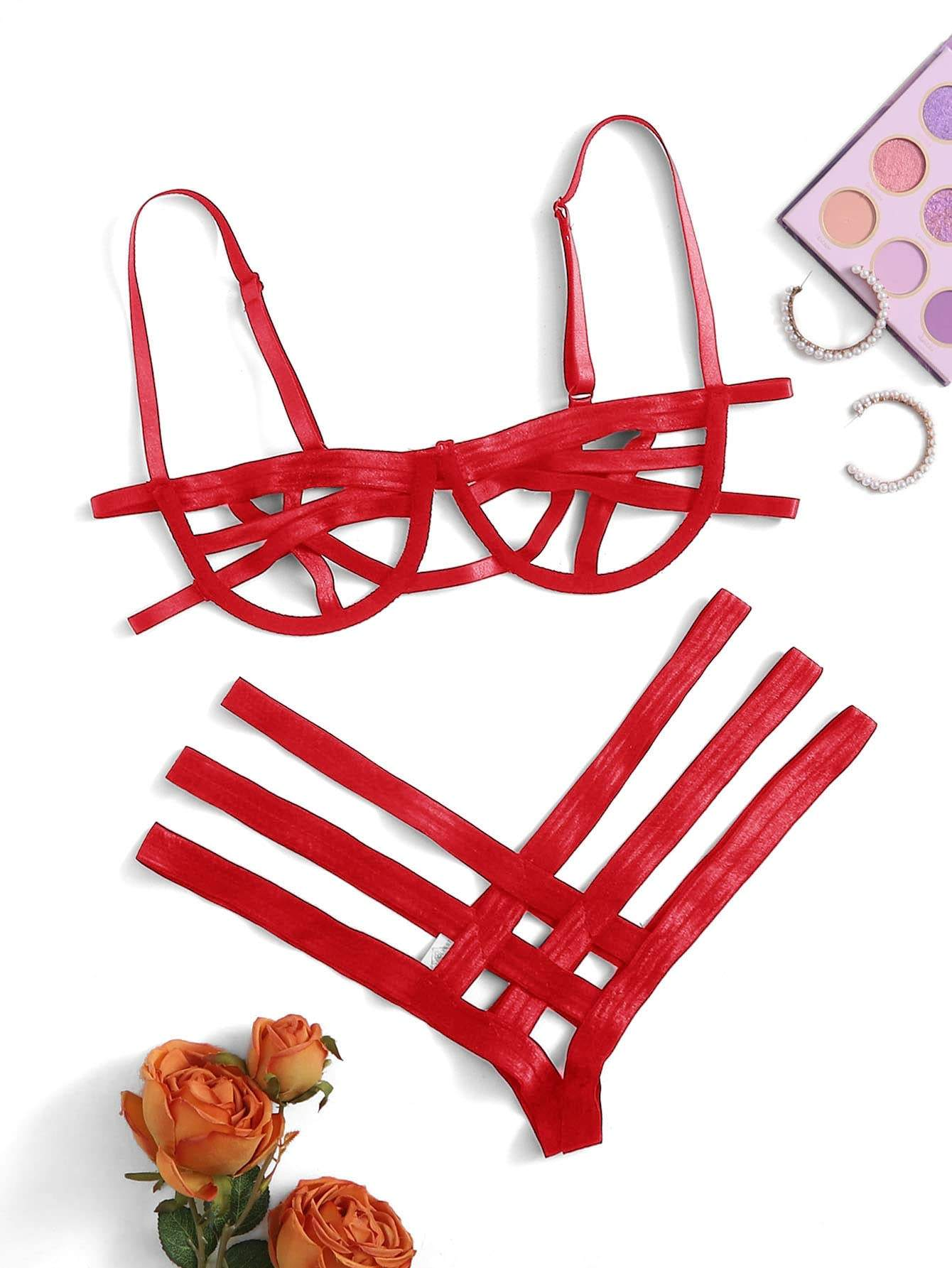 Women's Sexy Ladder Cut Out Lingerie Set - Push Up Bra and Panty Two Piece