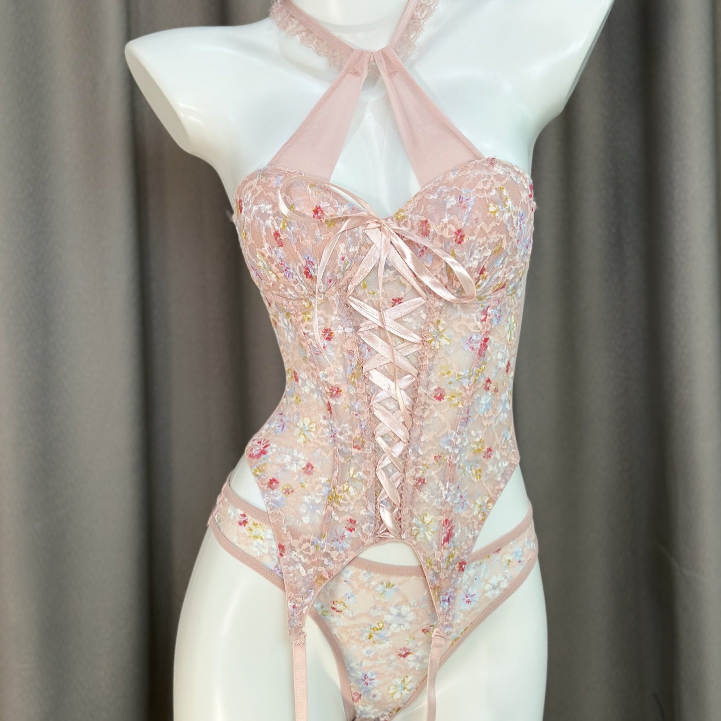 Sweet Boned Sexy Lingerie Set in dusty pink, featuring floral lace bustier with padded bra and waist-cinching design