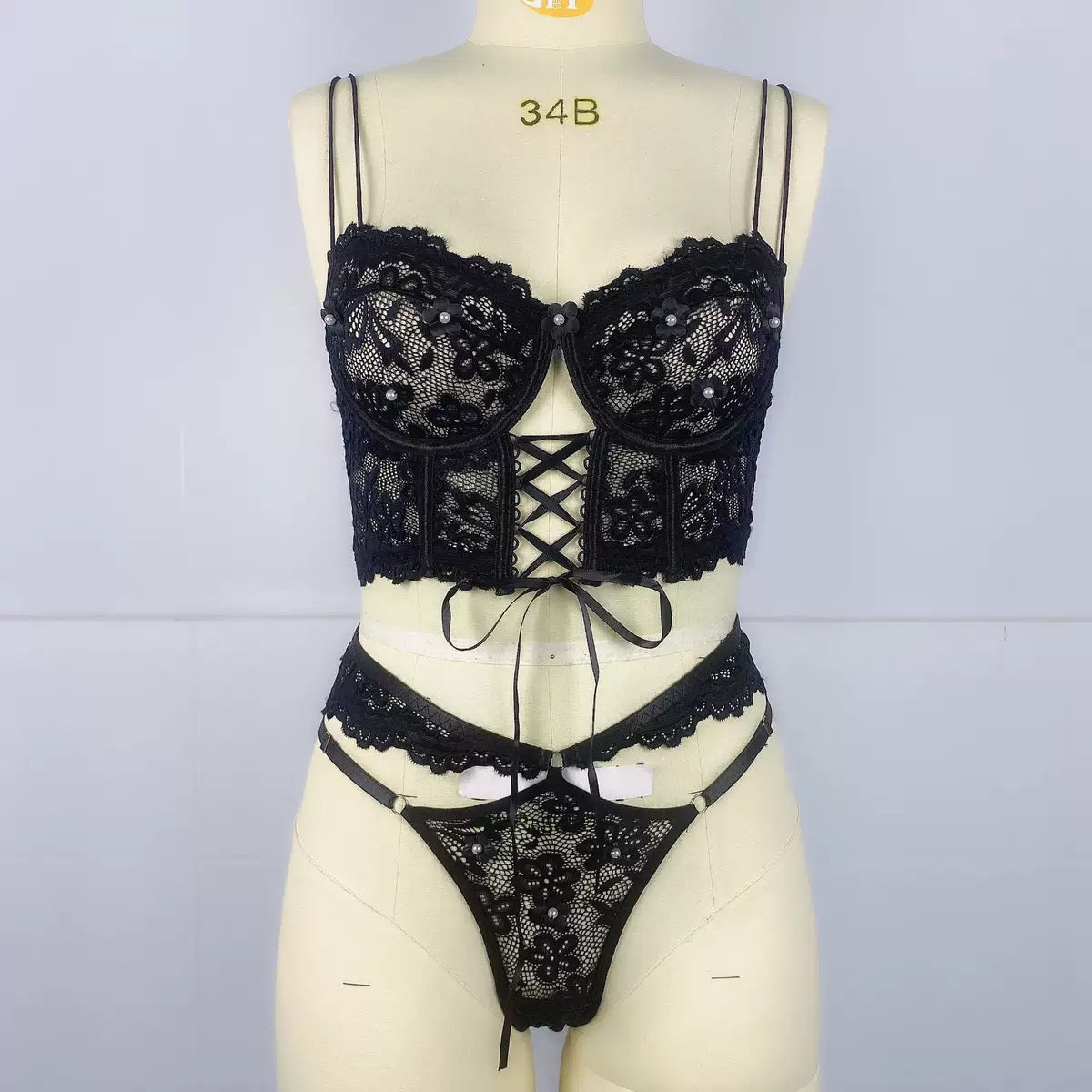 Underwire Lace Bra Set - Beaded Detail Two Piece Lingerie Collection