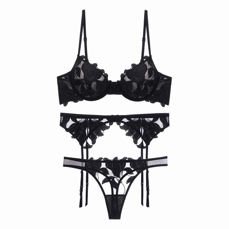 SERAPHINA Ultra-Thin Mesh Embroidery Sexy Lingerie 3-Piece Set - Underwire Push-Up Bra with Garter Belt