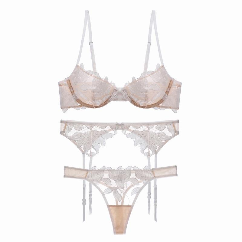 SERAPHINA Ultra-Thin Mesh Embroidery Sexy Lingerie 3-Piece Set - Underwire Push-Up Bra with Garter Belt