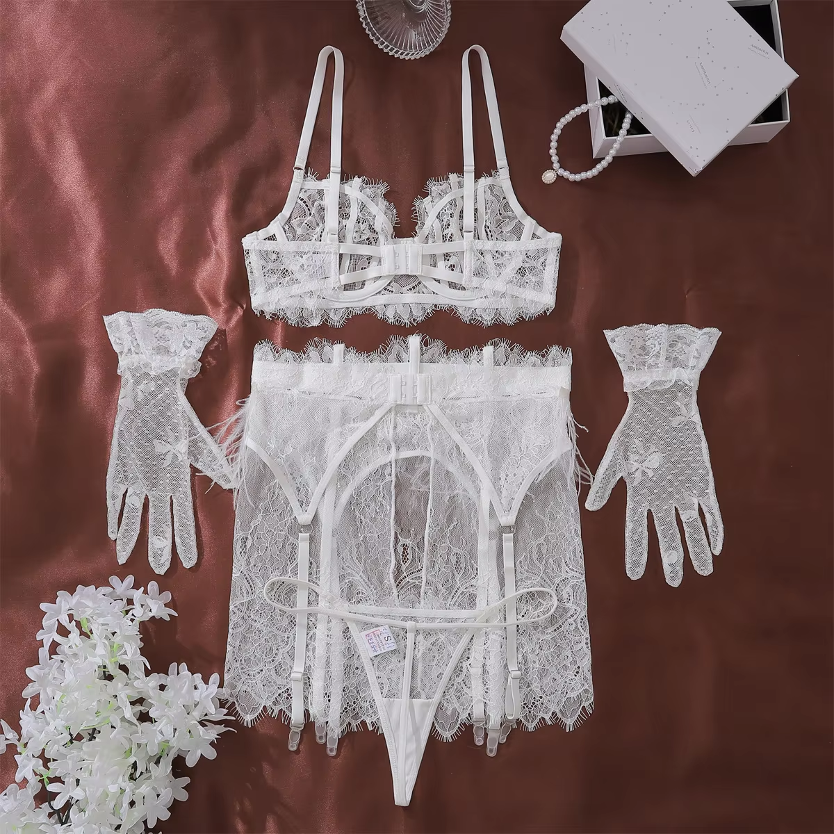 Feather Splicing Lace See-Through Sexy Lingerie Set