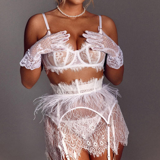 Feather Splicing Lace See-Through Sexy Lingerie Set