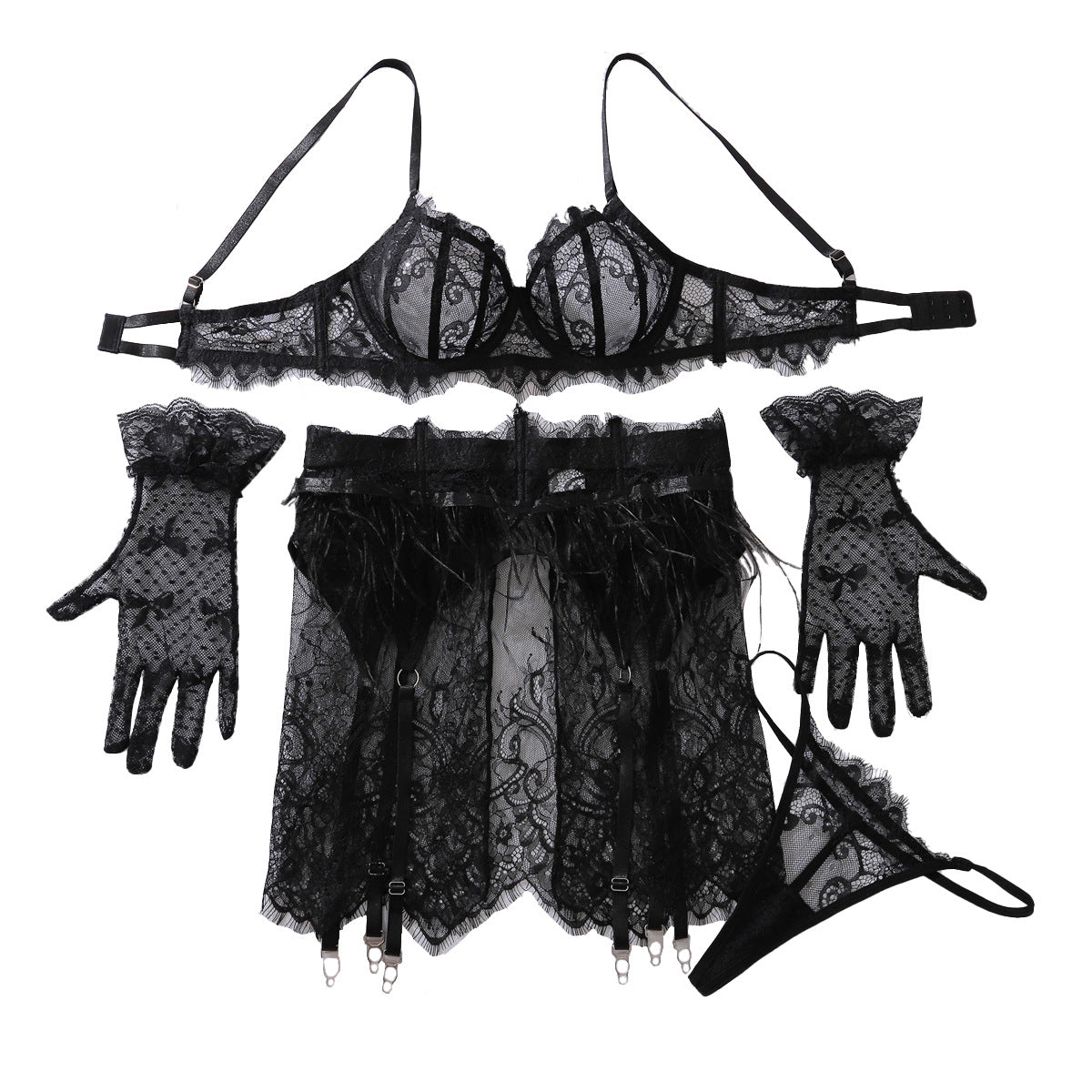 Feather Splicing Lace See-Through Sexy Lingerie Set