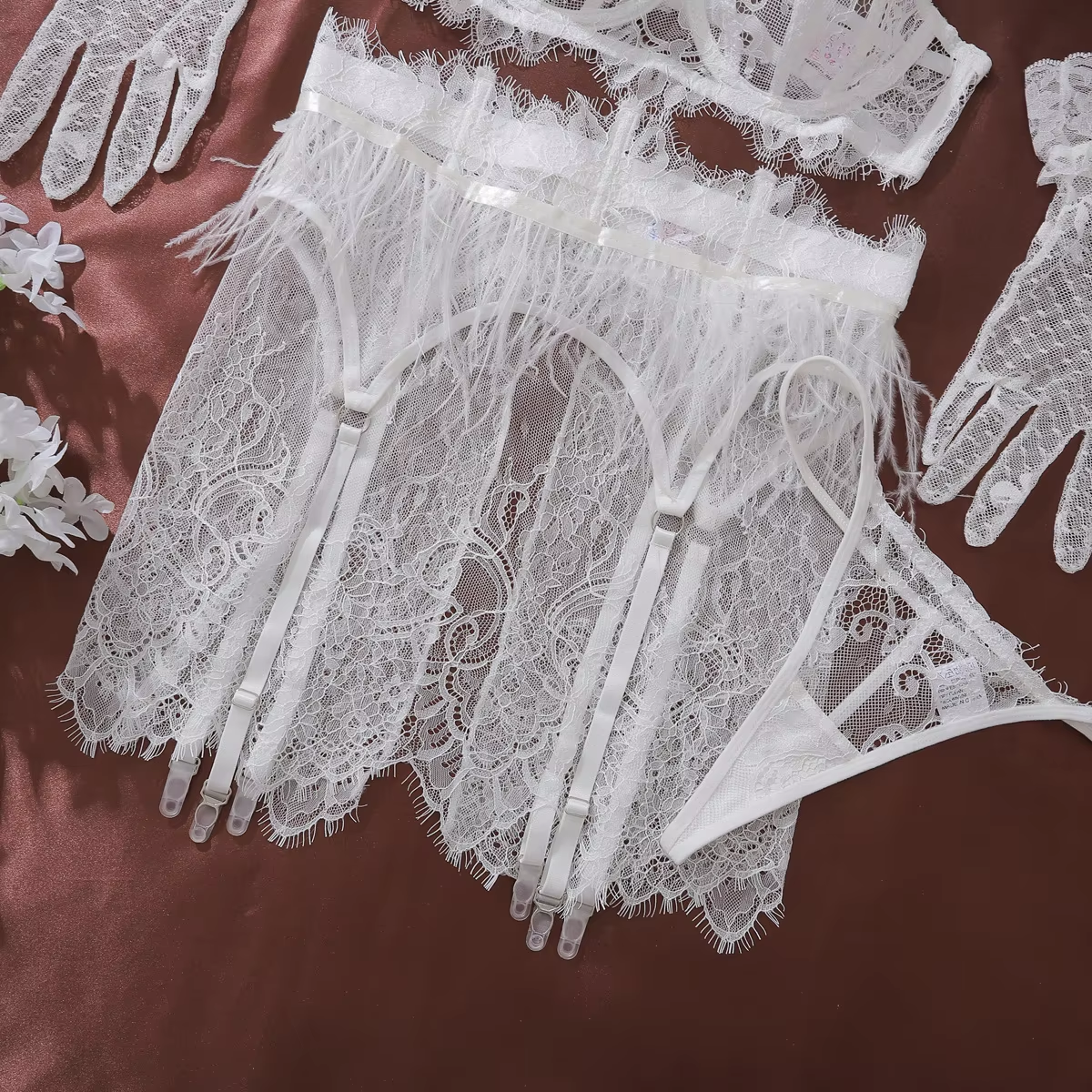 Feather Splicing Lace See-Through Sexy Lingerie Set