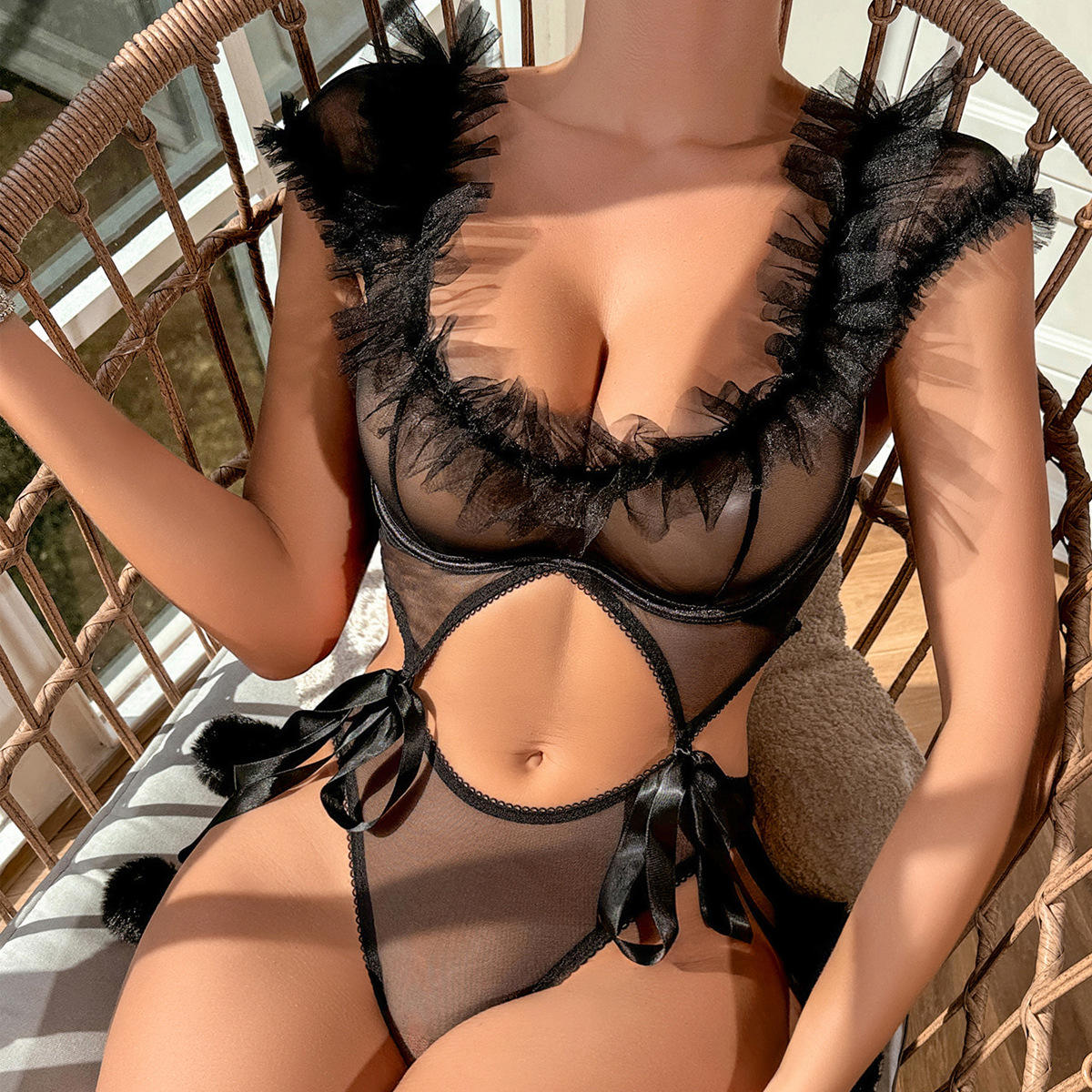 Adjustable Sexy Sheer Pom Pom Lingerie Set