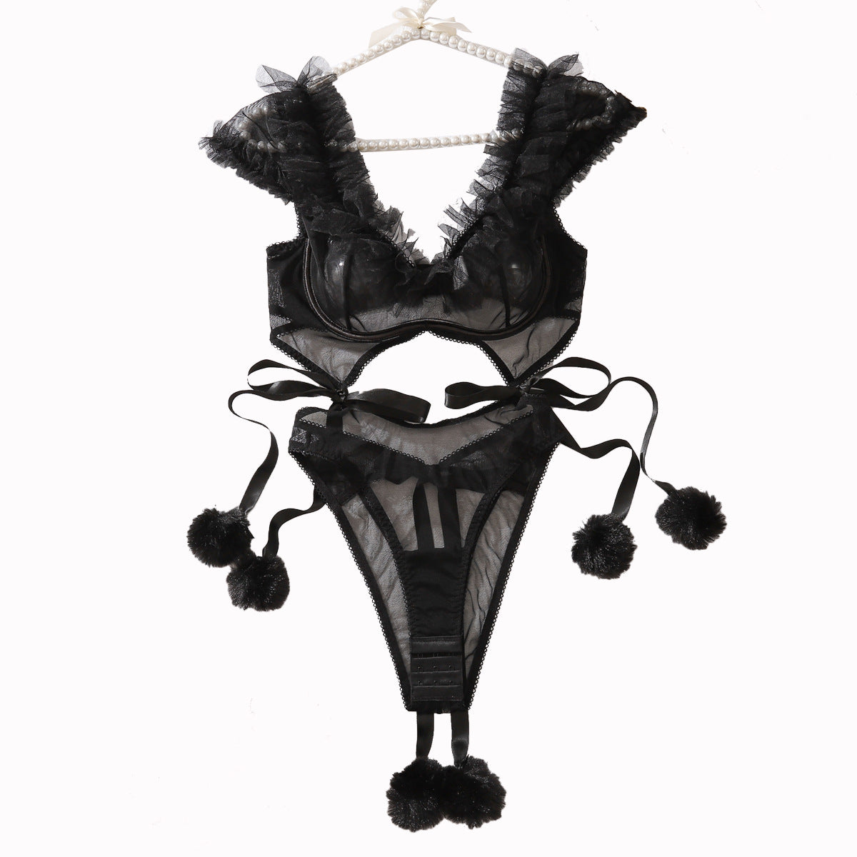 Adjustable Sexy Sheer Pom Pom Lingerie Set