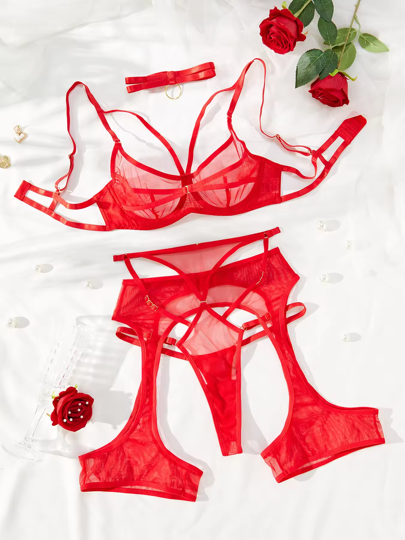 Underwire Gather Red Bra Set Mesh Sexy Lingerie