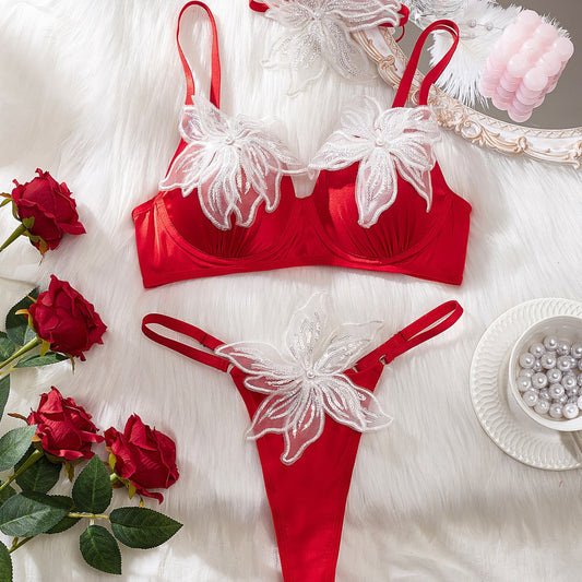 Sexy Mesh Panel Lace Bra Set with Sweet Floral Embroidery