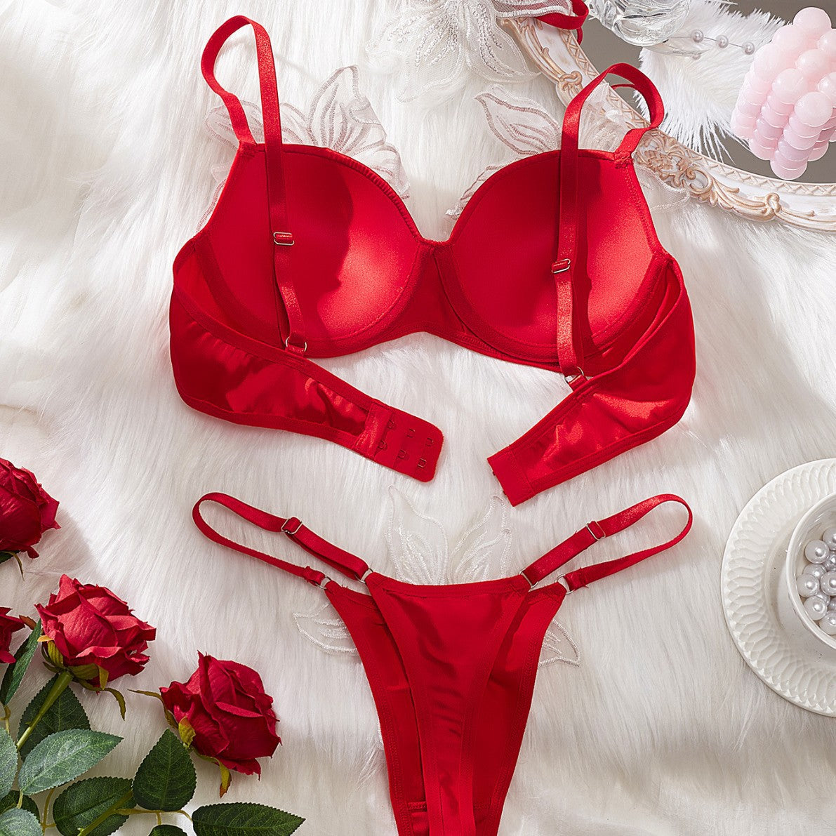 Sexy Mesh Panel Lace Bra Set with Sweet Floral Embroidery