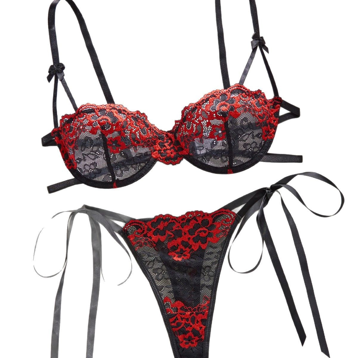 Lace Floral Embroidery Bra and Thong Set