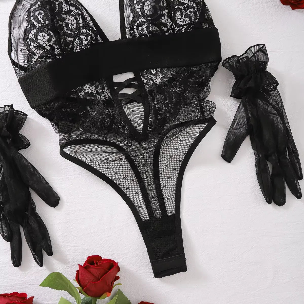 Polka Dot Lace Teddy Bodysuit with Black Gloves
