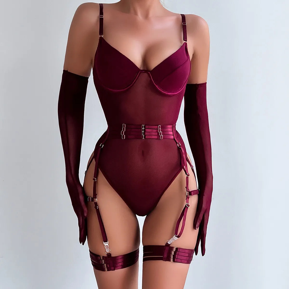 Lace Bodysuit with Gloves 3-Piece Set