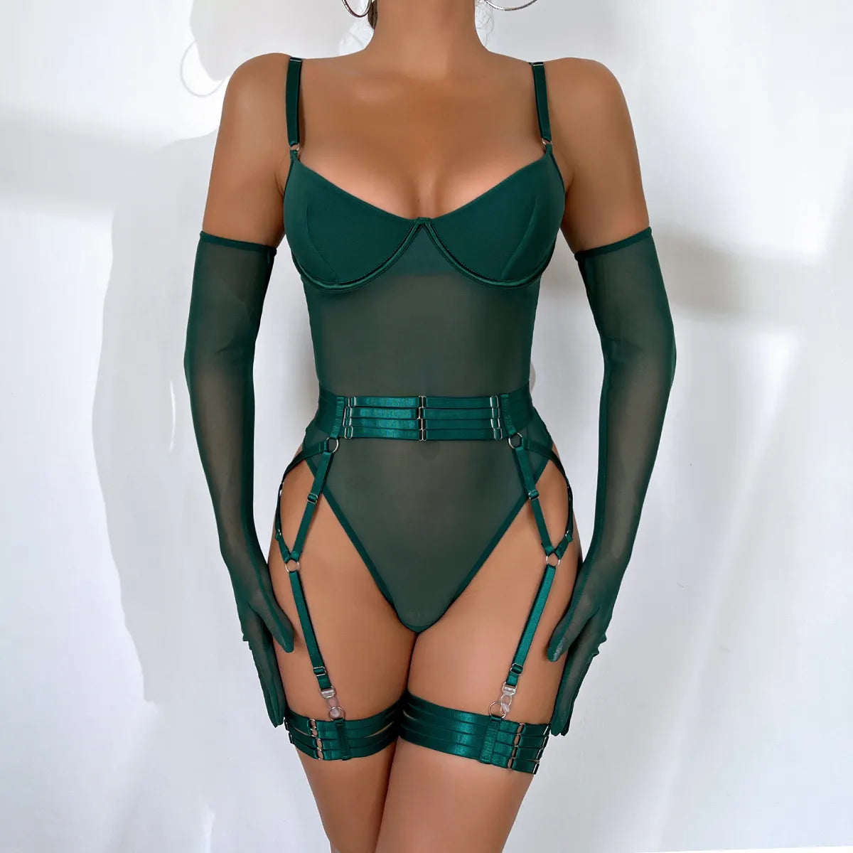 Lace Bodysuit with Gloves 3-Piece Set
