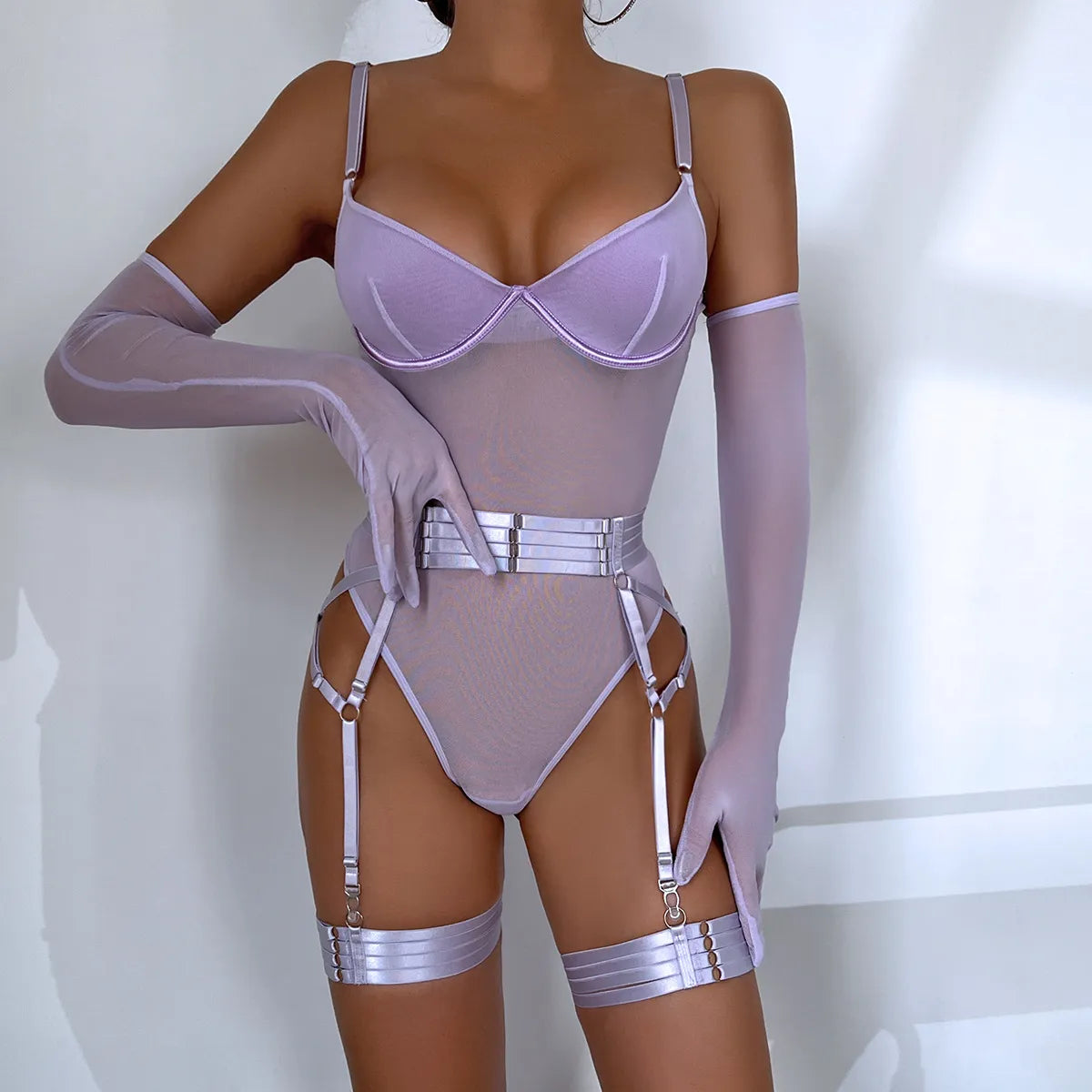Lace Bodysuit with Gloves 3-Piece Set