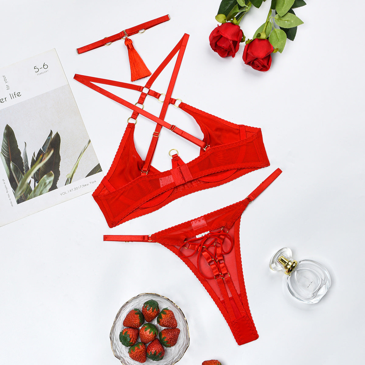 Adult Lingerie Costumes With Tassel Big Breast See Through Mesh Bondage Panties Fashion Red Girl Women Valentines Lingerie