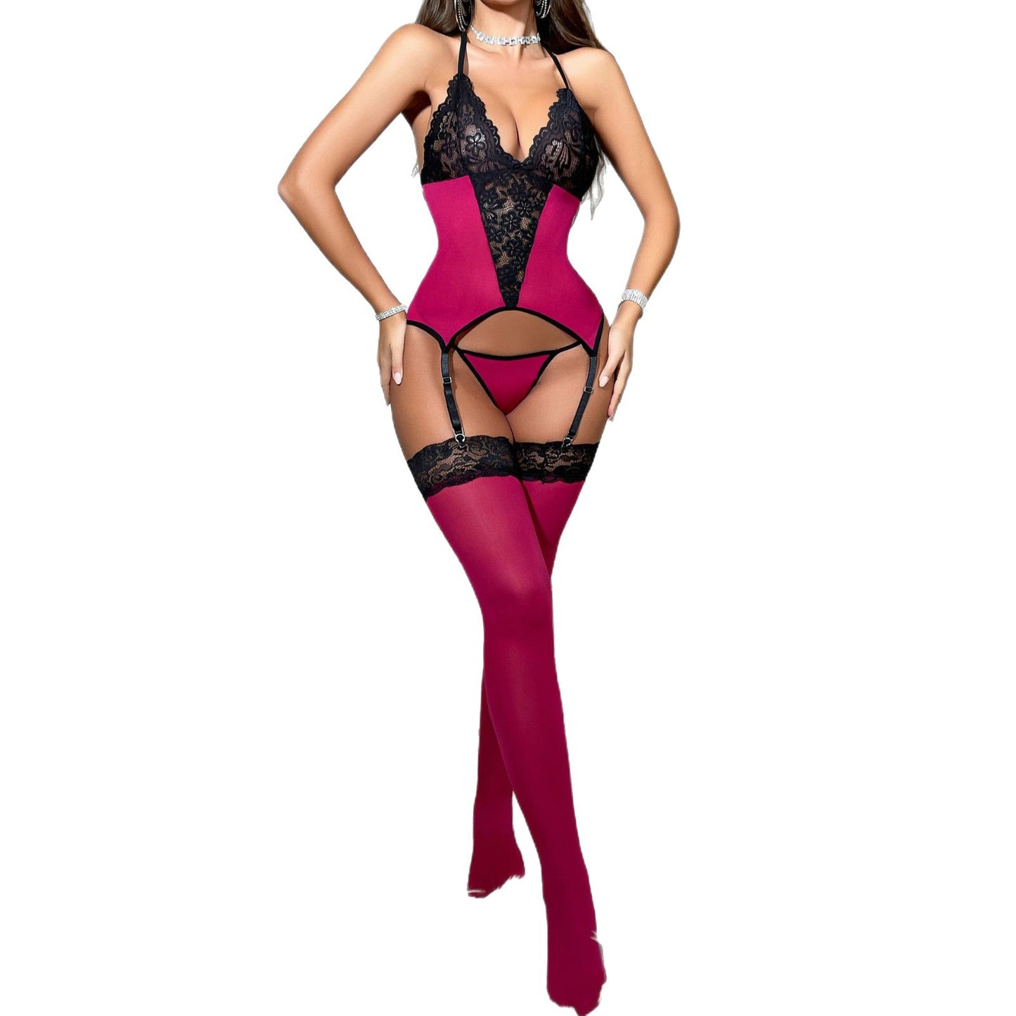 Sexy Nylon Underwear Set Lace Suspender Pajamas European American See-through Flirt Netting Stockings&nbsp;