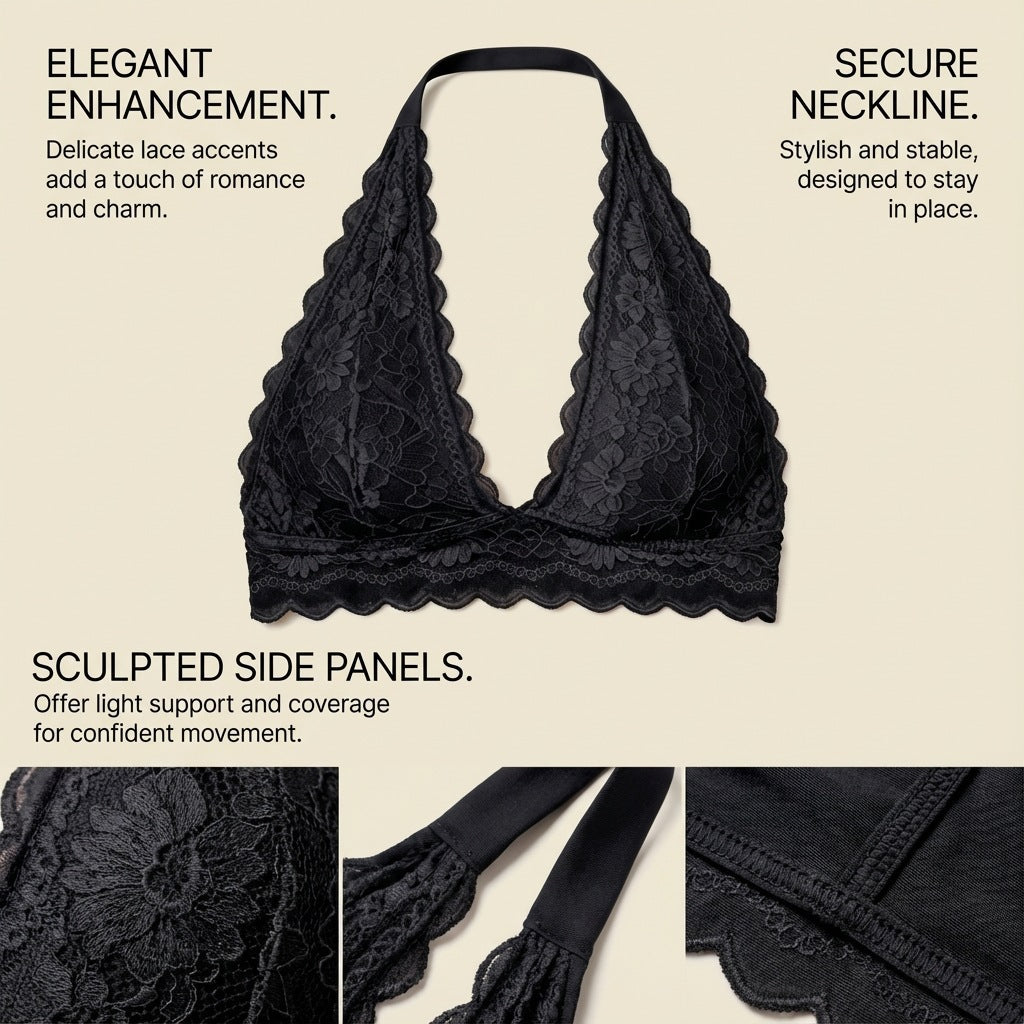 Wireless Lace Halter Bralette with Push-up Effect